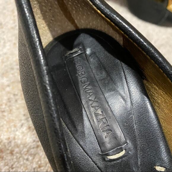 BCBGMaxazria Black Leather Block Heel Shoes sz 8.5 Gold Trim heel Peep Toe Shoes - Picture 3 of 11